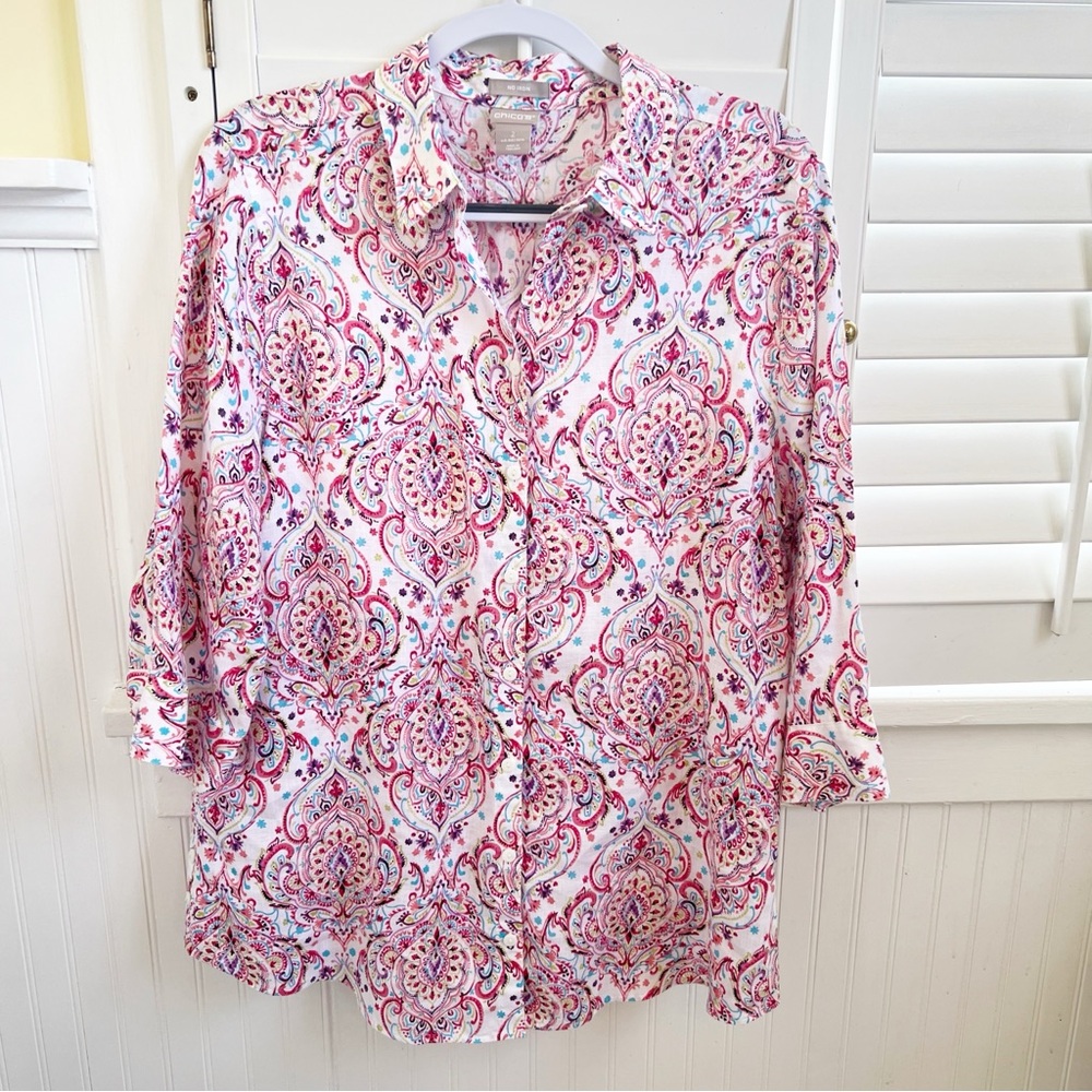 Chico’s Multicolor Scroll Print Linen Button Up &… - image 1